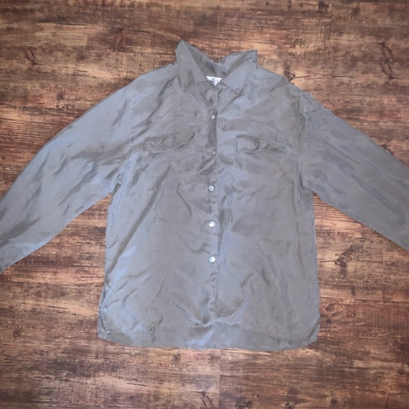 Army Green Silk Button-Down Blouse - Picture 2 of 3